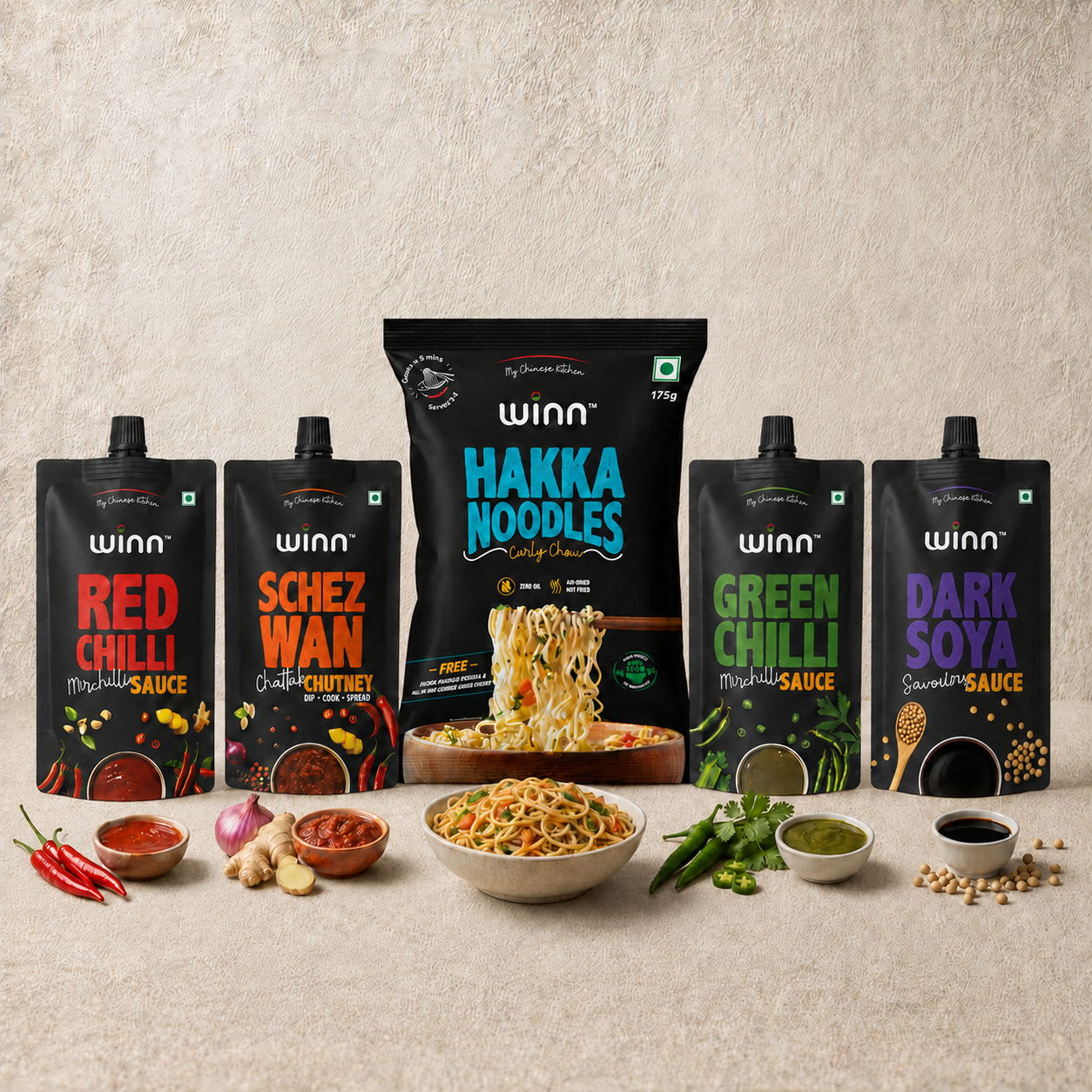 Winn Chinese Combo Pack – Red Chilli Sauce, Green Chilli Sauce, Dark Soya Sauce, Schezwan Chutney (90g Each) & Hakka Noodles (165g)