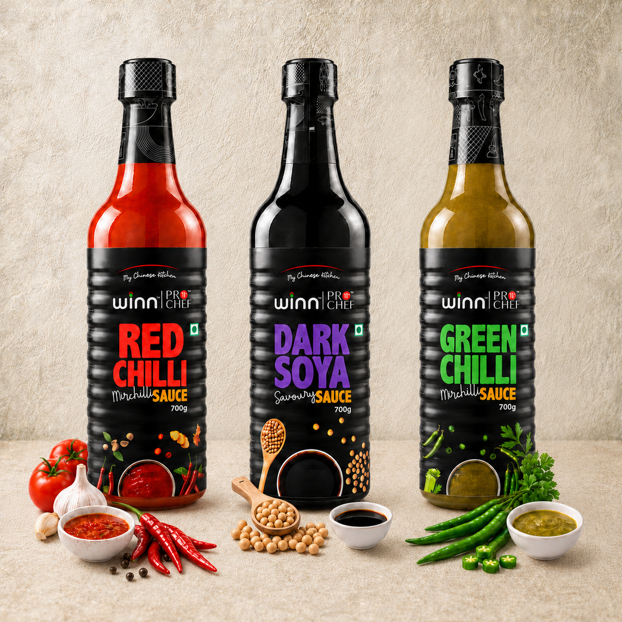 Winn Pro Chef Red Chilli, Green Chilli, Dark Soya Sauce 700 G - Pack Of 3 | Chinese Sauces | No Artificial Colour Or Flavours | No Trans Fats | No Msg