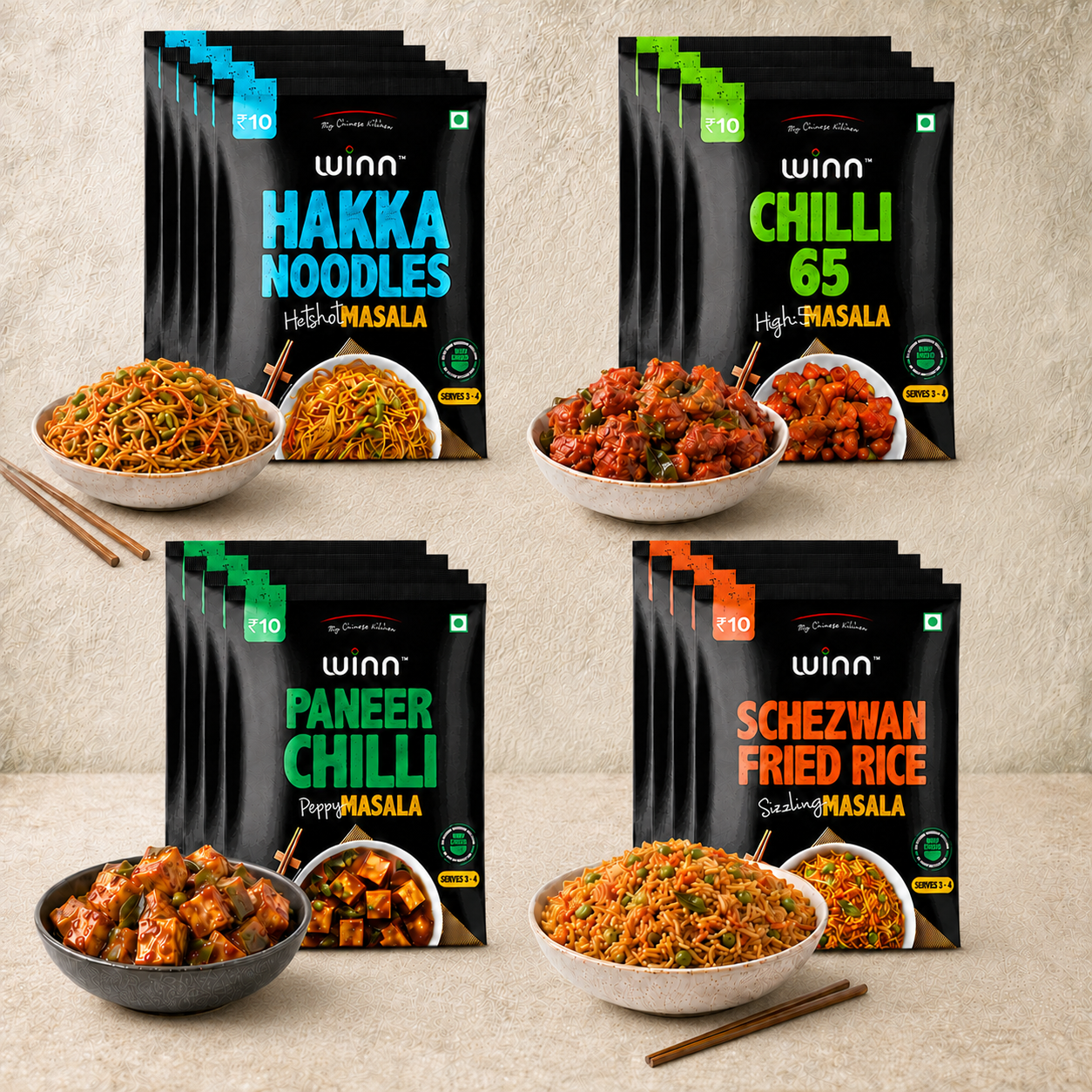 Winn Chinese Masala Combo Pack of 16 | Noodle, Schezwan, Paneer Chilli & Chilli 65 Masala | Instant Cooking Mix | 4 Sachets Each