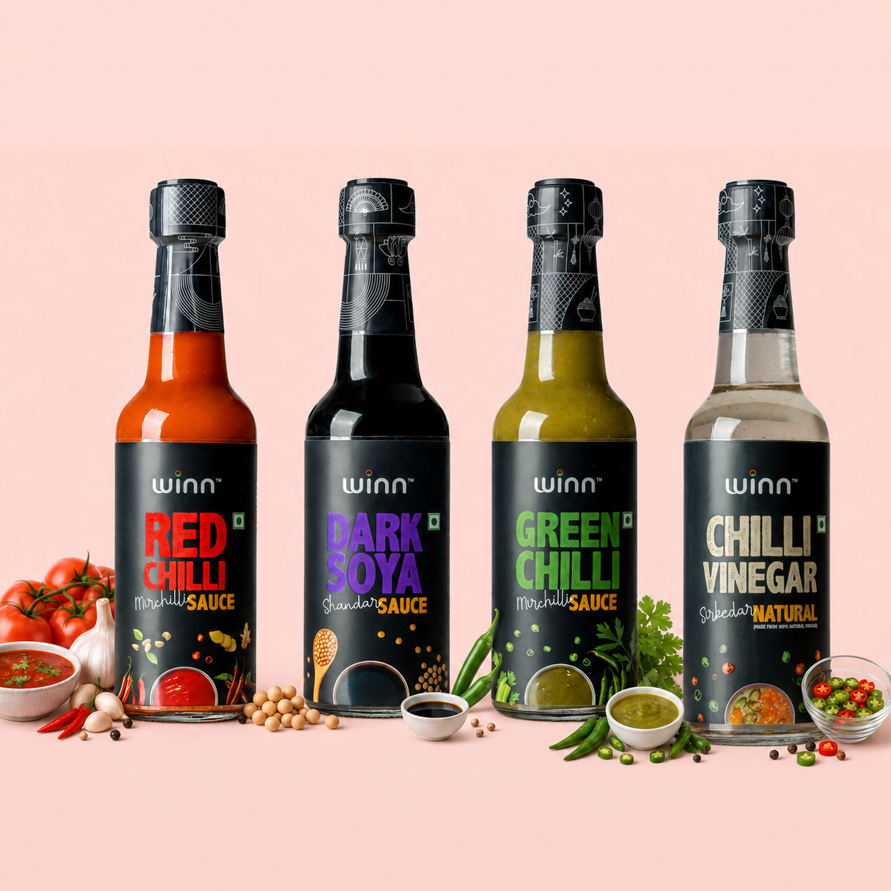 Winn Red Chilli 200G, Green Chilli 200G, Dark Soya 220G, Chilli Vinegar Combo sauces Pack 170Ml|4 Items Pack|Spicy, Tangy, Umami Flavours, No Artificial Colours/Flavours,620 Gram