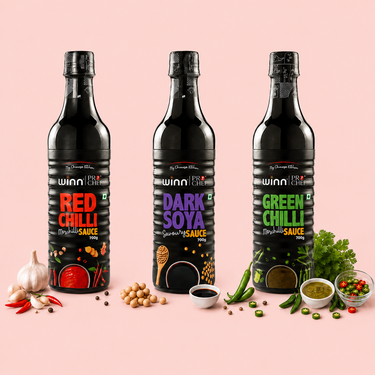 Winn Pro Chef Red Chilli, Green Chilli, Dark Soya Sauce 700 G - Pack Of 3 | Chinese Sauces | No Artificial Colour Or Flavours | No Trans Fats | No Msg