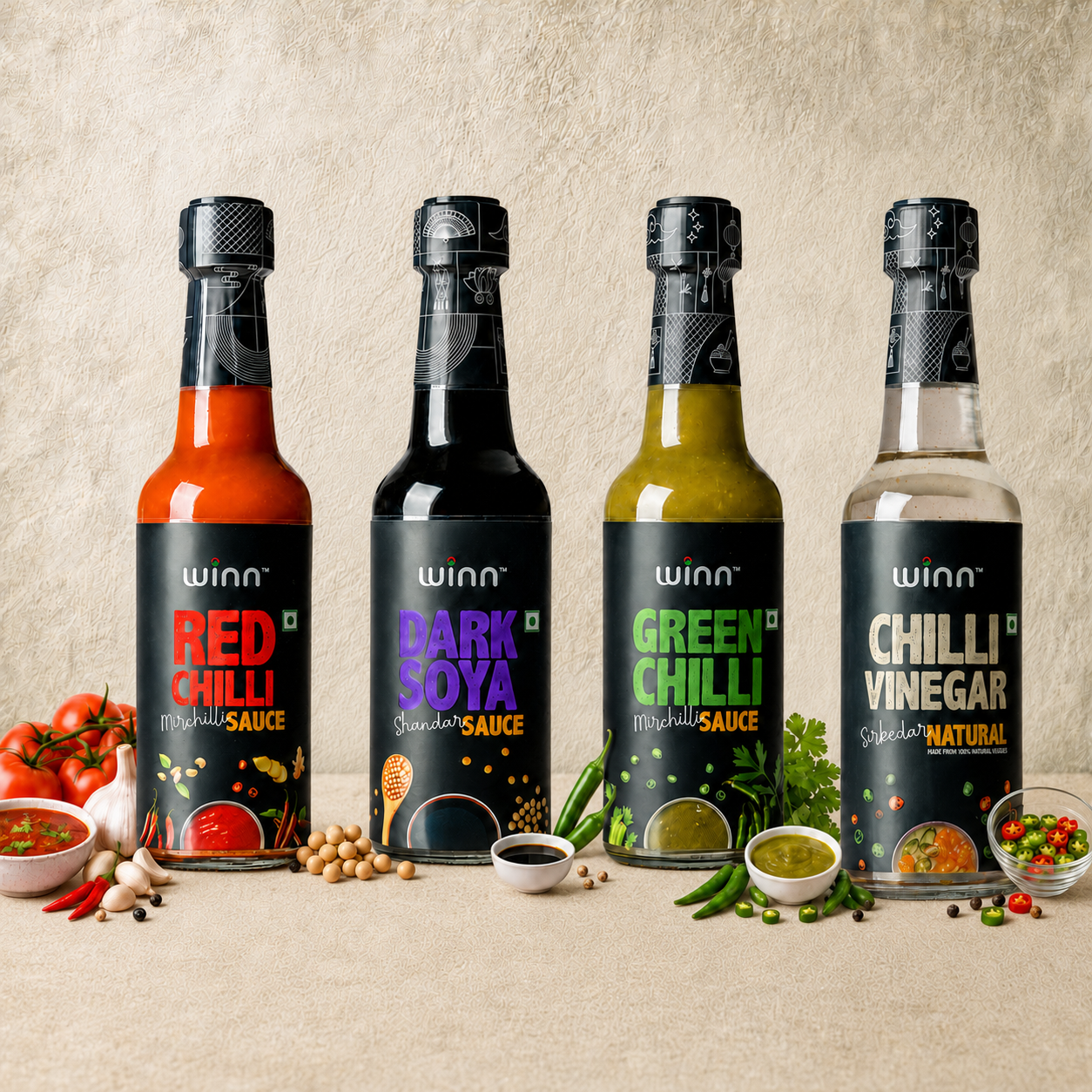 Winn Red Chilli 200G, Green Chilli 200G, Dark Soya 220G, Chilli Vinegar Combo sauces Pack 170Ml|4 Items Pack|Spicy, Tangy, Umami Flavours, No Artificial Colours/Flavours,620 Gram