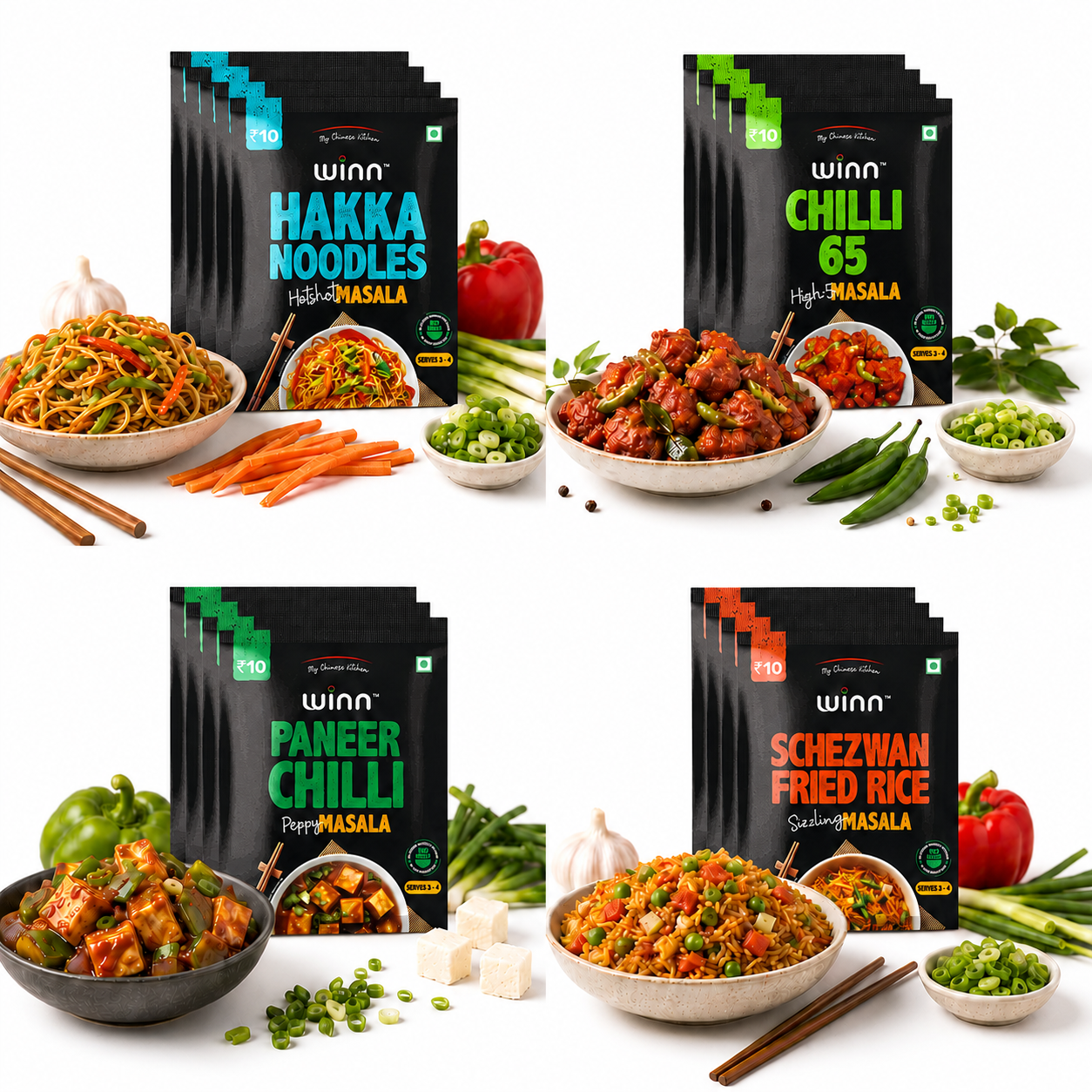 Winn Chinese Masala Combo Pack of 16 | Noodle, Schezwan, Paneer Chilli & Chilli 65 Masala | Instant Cooking Mix | 4 Sachets Each