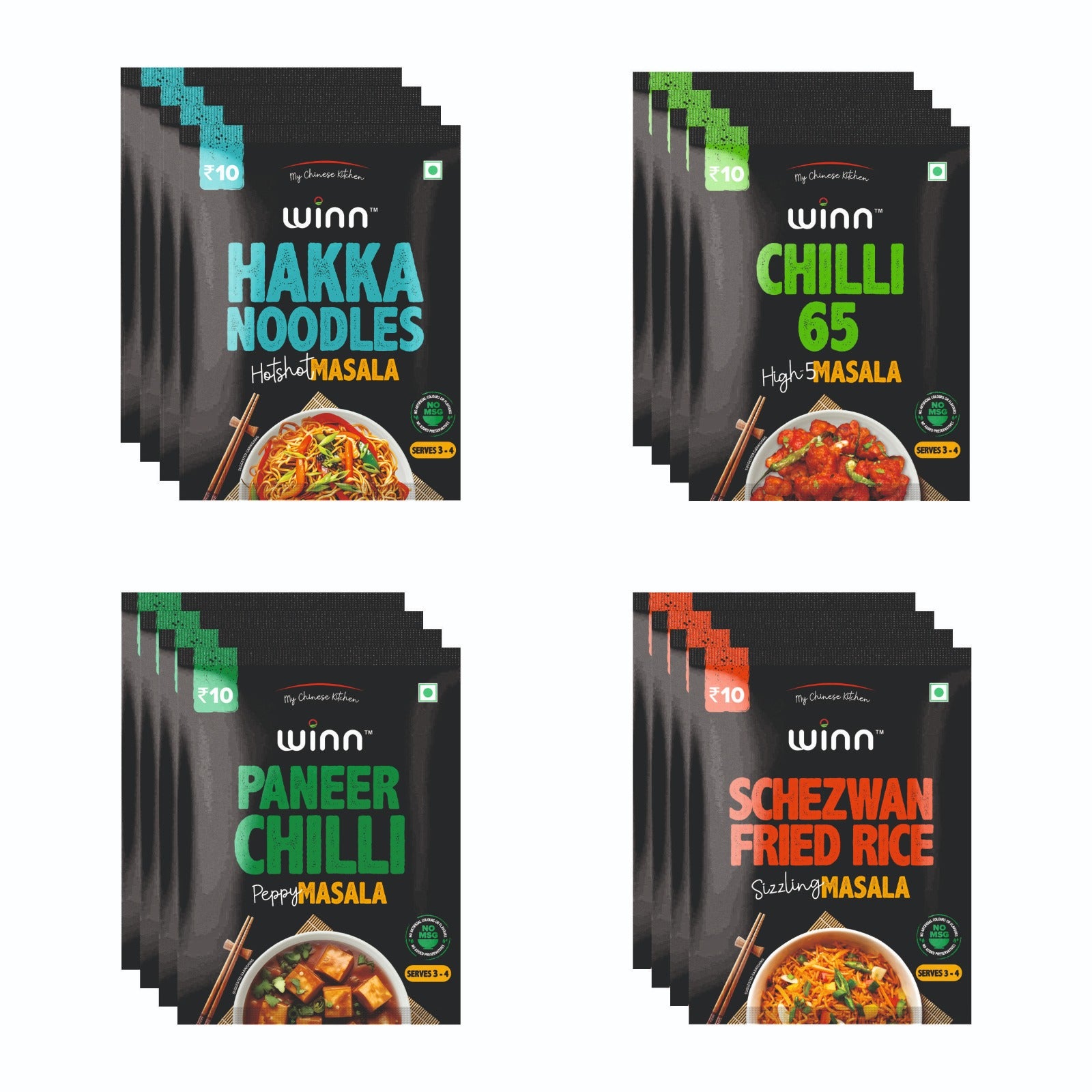 Winn Chinese Masala Combo Pack of 16 | Noodle, Schezwan, Paneer Chilli & Chilli 65 Masala | Instant Cooking Mix | 4 Sachets Each