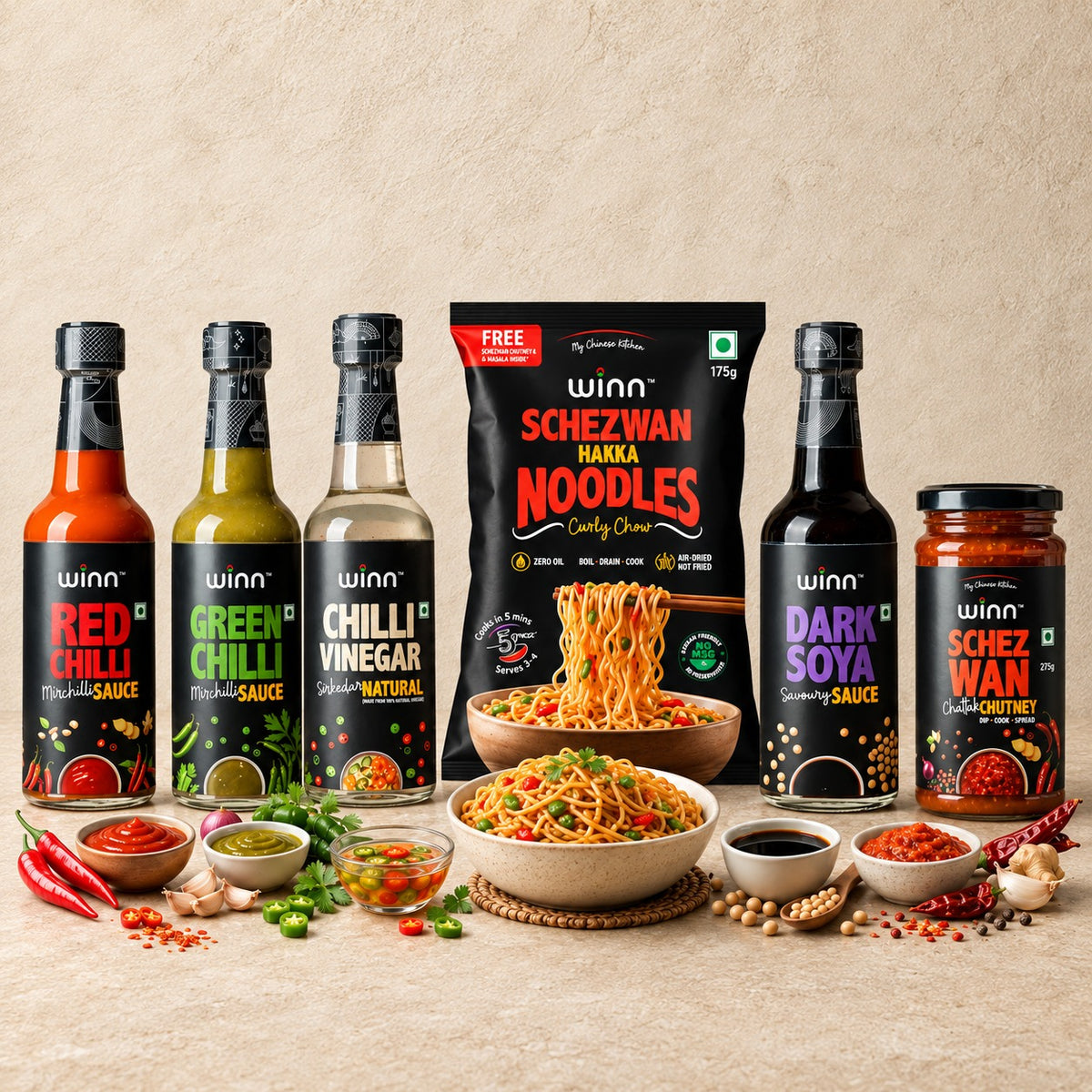 Winn Red Chilli 200G, Green Chilli 200G, Dark Soya 220G, Chilli Vinegar 170ml, Schezwan Chutney 275gm, Schezwan Hakka Noodles 175g Combo Pack