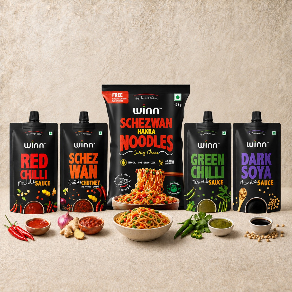 Winn Chinese Combo Pack – Red Chilli Sauce, Green Chilli Sauce, Dark Soya Sauce, Schezwan Chutney (90g Each) & Schezwan Hakka Noodles (175g) (Copy)