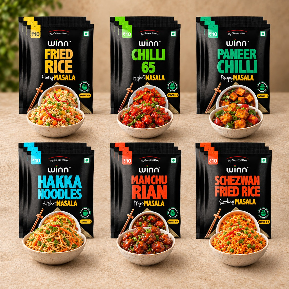 Winn All Chinese Masala Combo Pack of 18 | 6 Flavours Assorted | Instant Chinese Cooking Mix | Schezwan, Fried Rice, Noodle & More | 3 Sachets Each